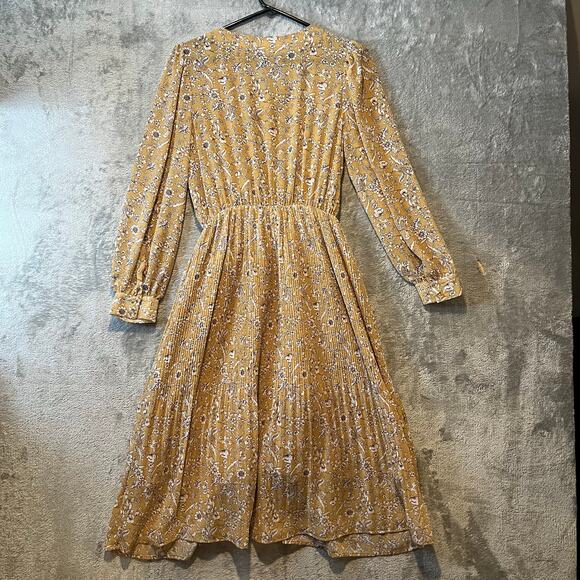 Floral Midi Dress Yellow Ruched Front Pleated Skirt Cottagecore Indie Feminine M - Picture 5 of 8